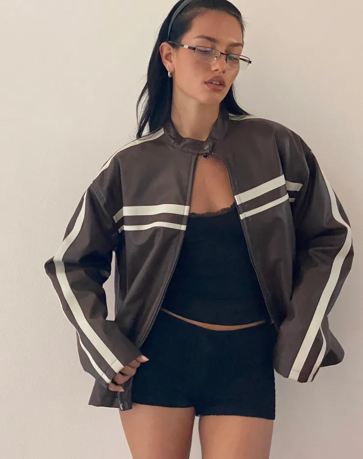 Women Motel Rocks Jackets | Colton Jacket in PU Chocolate with Ivory Stripe