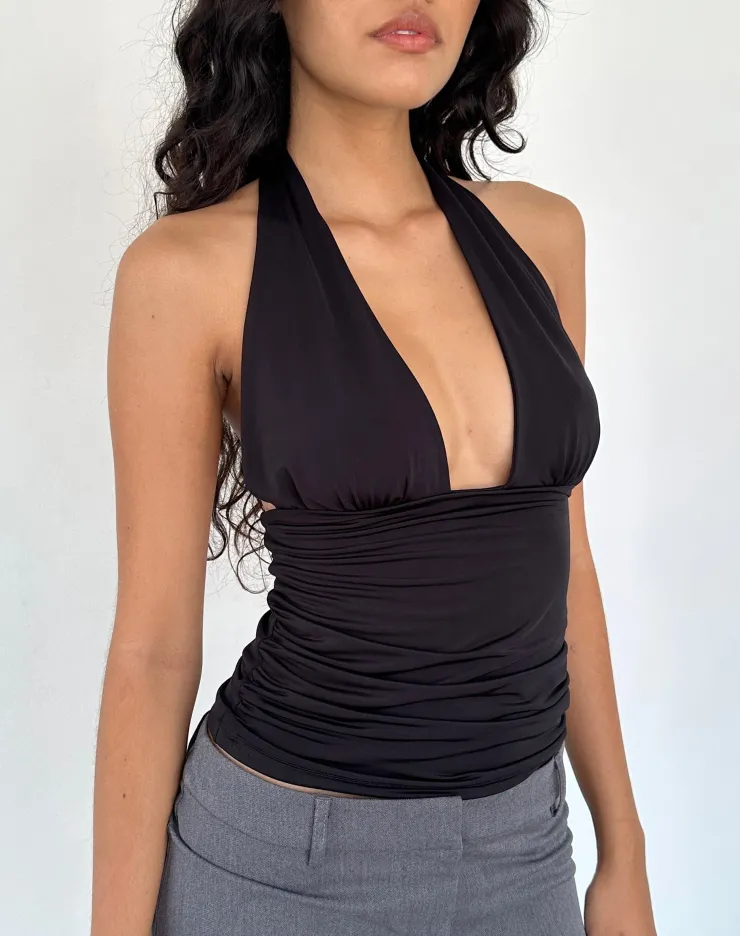 Women Motel Rocks Halterneck Tops | Cosimo Plunge Halterneck Top in Black Slinky