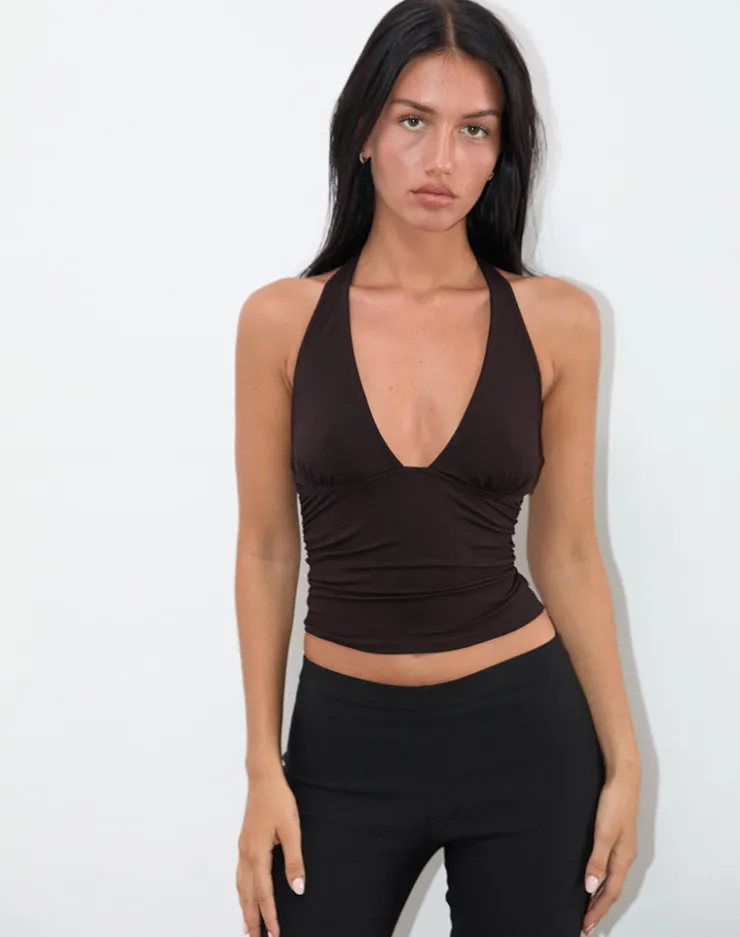 Women Motel Rocks Halterneck Tops | Cosmo Halterneck Top in Jersey Chocolate Brown