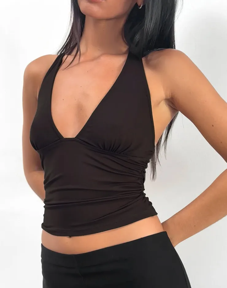 Women Motel Rocks Halterneck Tops | Cosmo Halterneck Top in Jersey Chocolate Brown