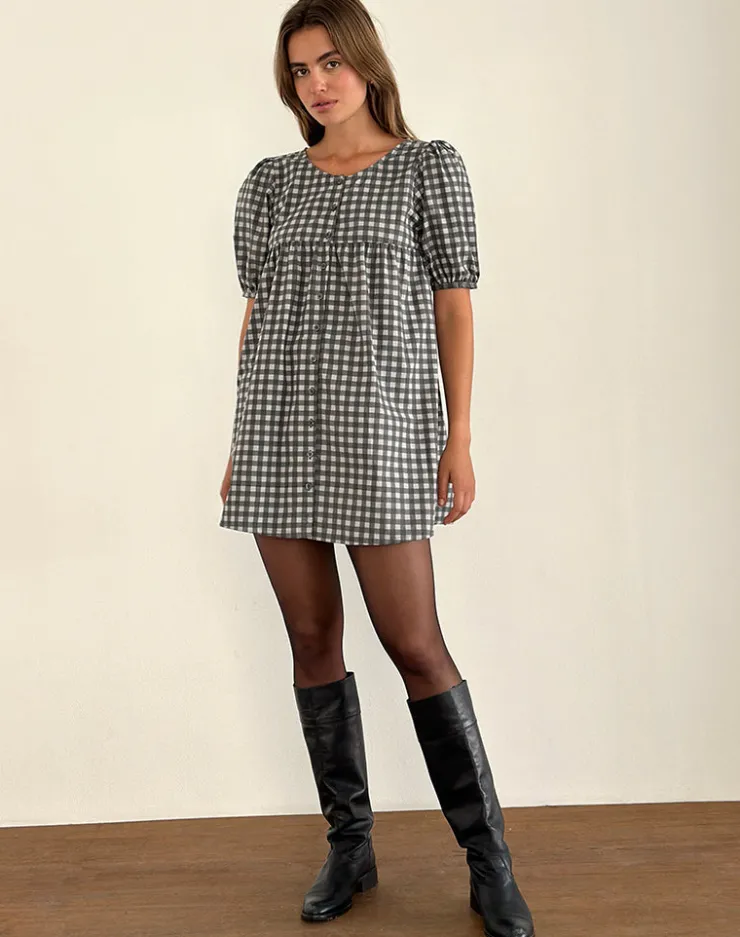 Women Motel Rocks Tailoring | Printed Dresses | Cybera Mini Dress in Tonal Gingham Black and Grey