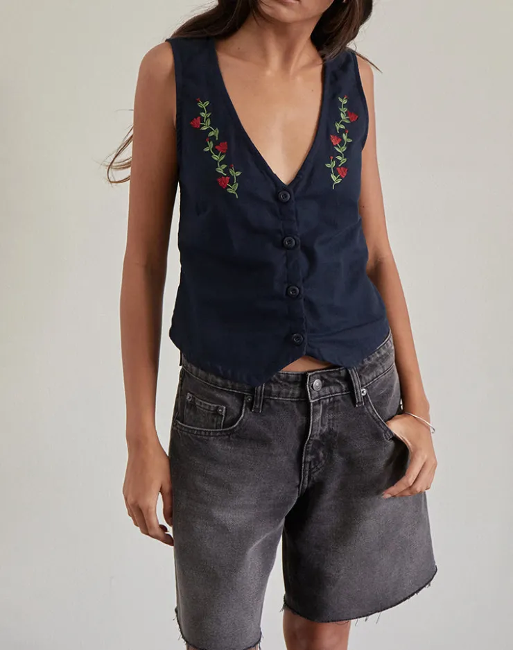 Women Motel Rocks Tailoring | Vest Tops | Cyna Button Through Vest in Tapshoe with Rose Embroidery