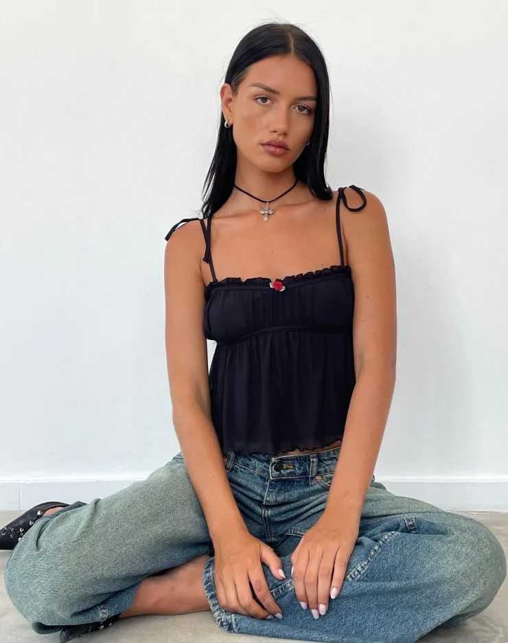 Women Motel Rocks Strappy Tops | Going Out Tops | Damaris Cami Top in Black with Black Binding