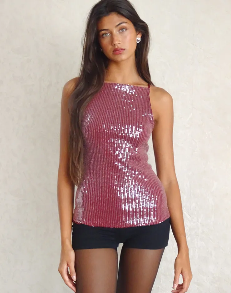 Women Motel Rocks Vest Tops | Sequin Tops | Damske Vest Top in Clear Sequin Maroon