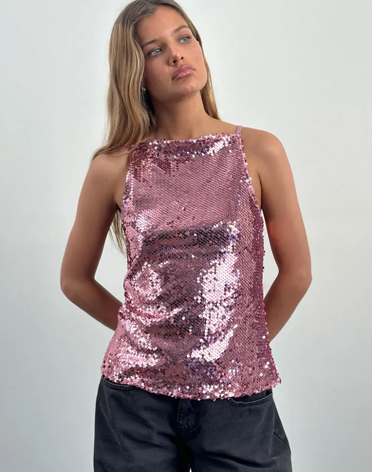 Women Motel Rocks Vest Tops | Sequin Tops | Damske Vest Top in Pink Sequin