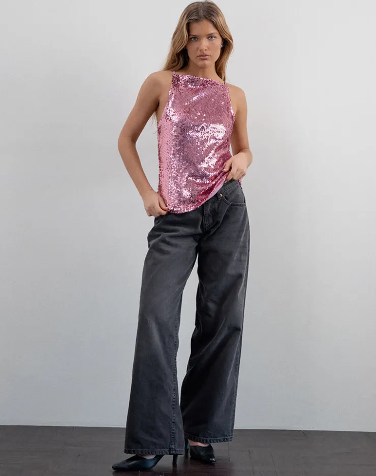 Women Motel Rocks Vest Tops | Sequin Tops | Damske Vest Top in Pink Sequin