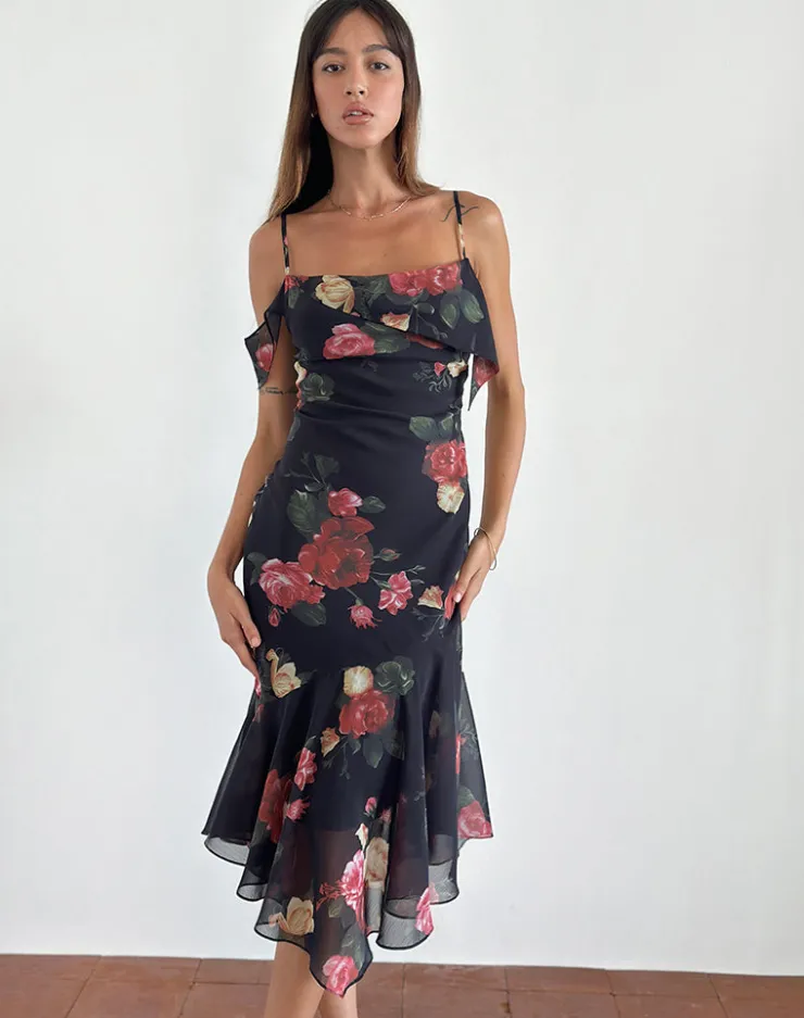 Women Motel Rocks Printed Dresses | Party Dresses | Dansya Midi Dress in Renaissance Rose Black