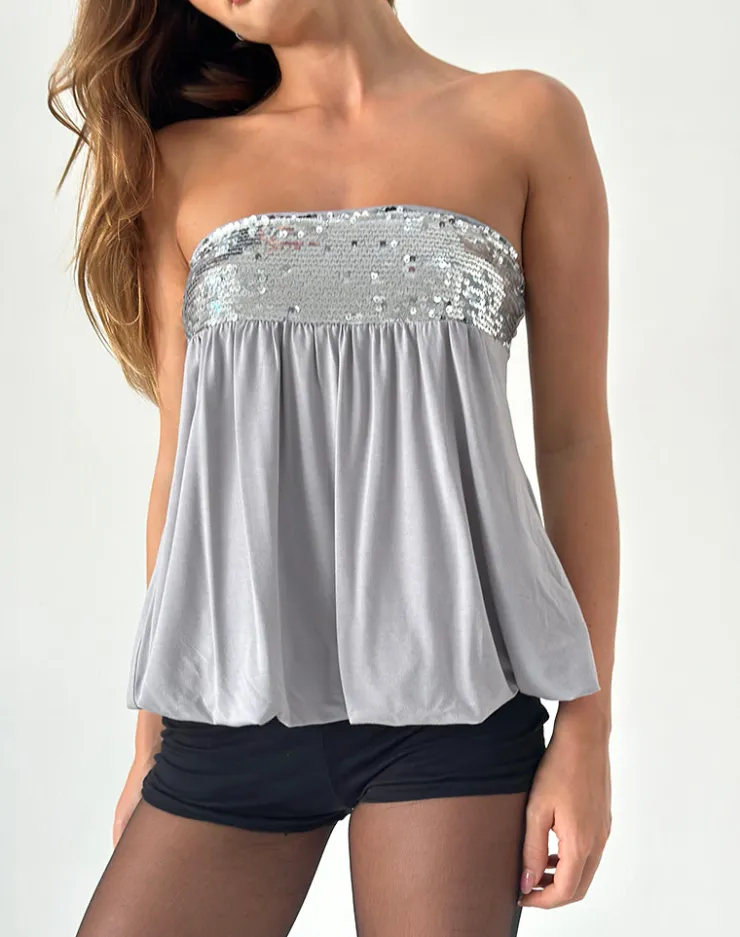 Women Motel Rocks Sequin Tops | Bandeau Tops | Danuta Longline Bandeau Top in Sequin Grey