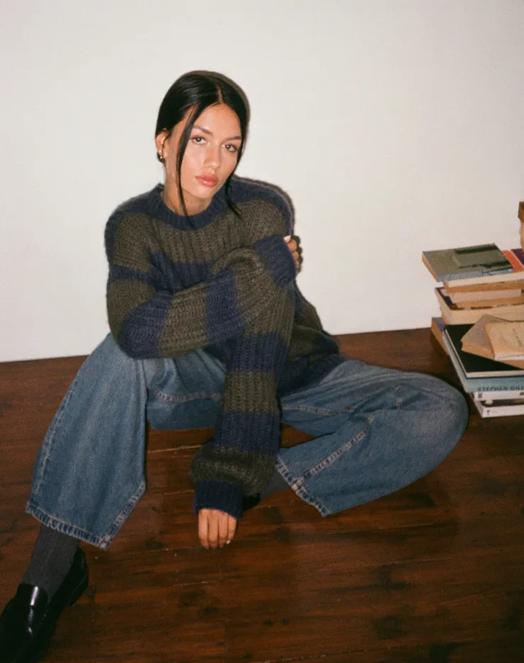 Women Motel Rocks Basics | Jumpers | Daren Knitted Oversized Jumper in Khaki and Navy Blue Stripe