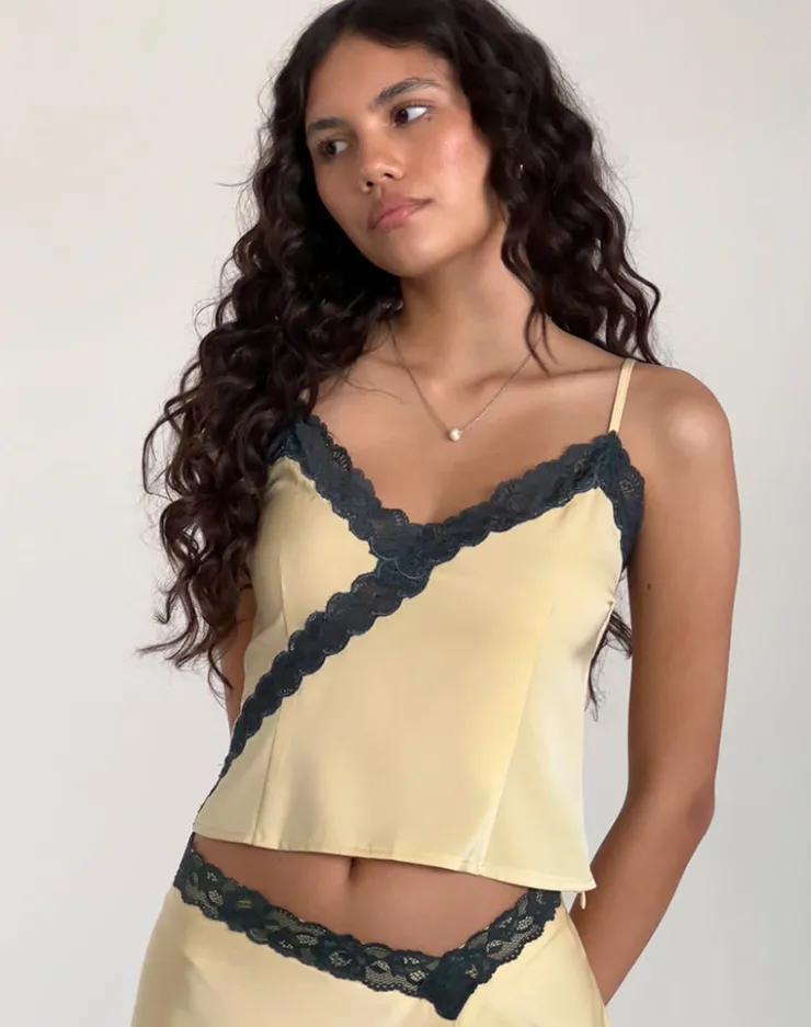 Women Motel Rocks Co-ords | Strappy Tops | Darena Cami Top in Buttermilk with Grey Lace