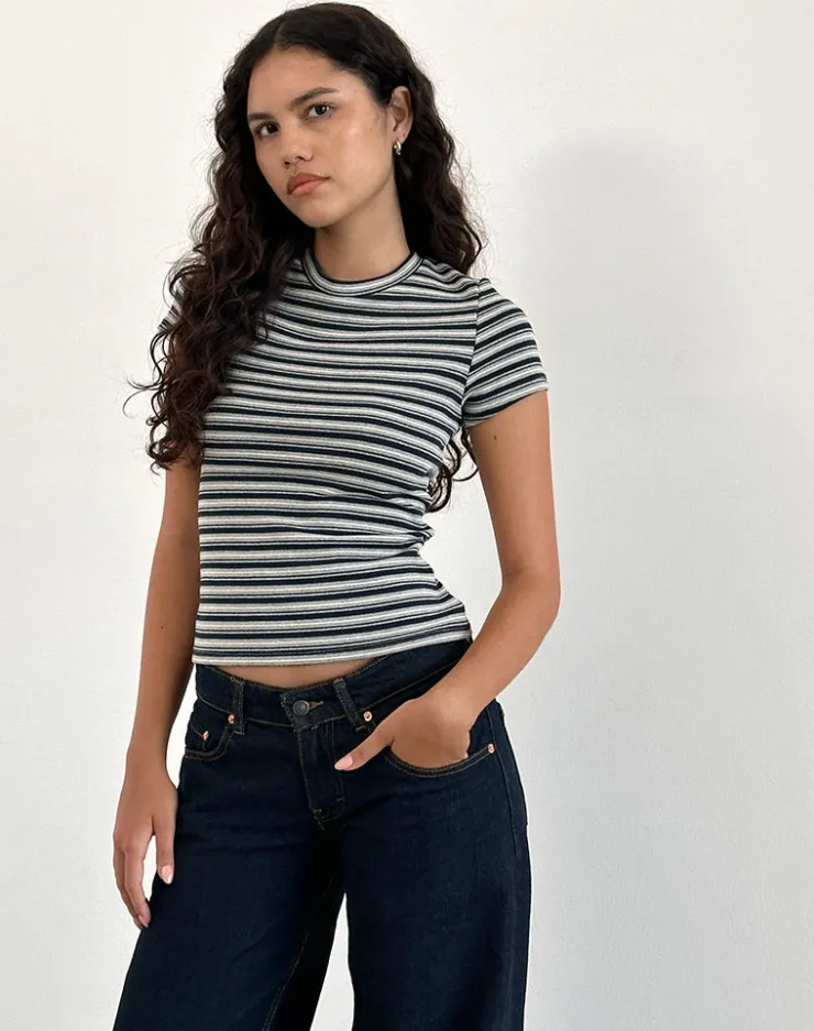 Women Motel Rocks Printed Tops | Tees | Dartis Top in Navy and Grey Jersey Stripe