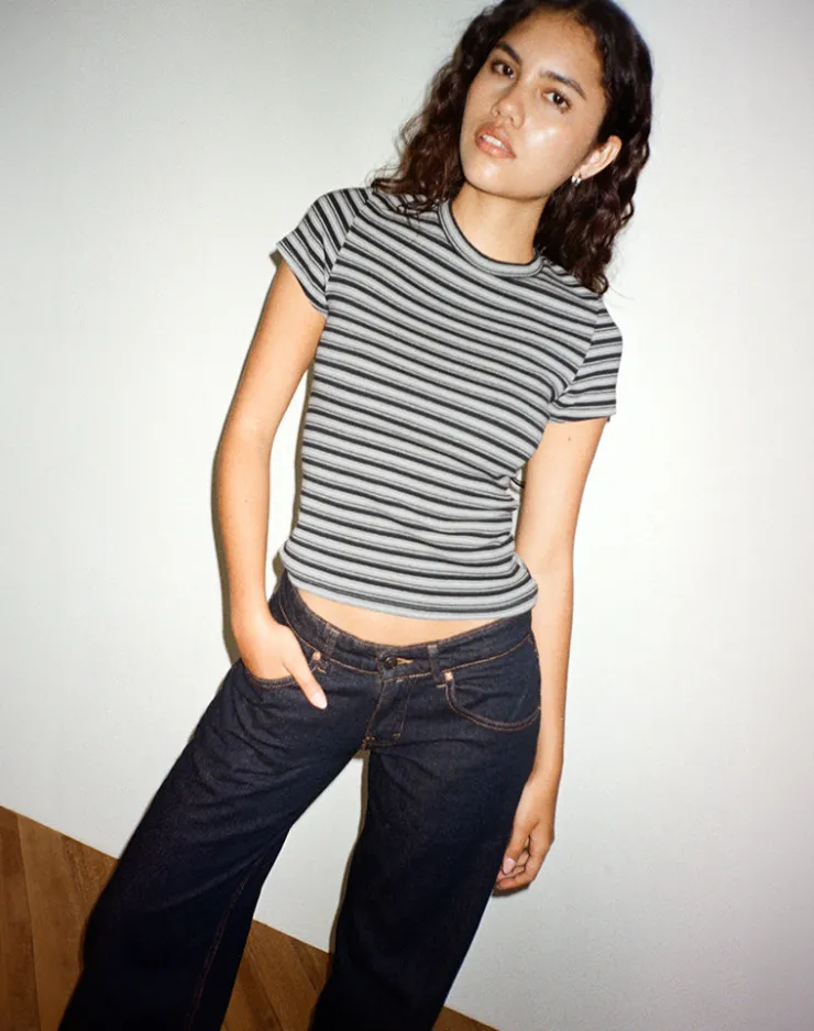 Women Motel Rocks Printed Tops | Tees | Dartis Top in Navy and Grey Jersey Stripe