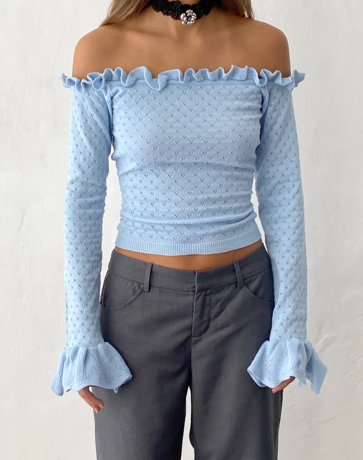 Women Motel Rocks Long Sleeve Tops | Delaney Knitted Frill Bardot Top in Baby Blue