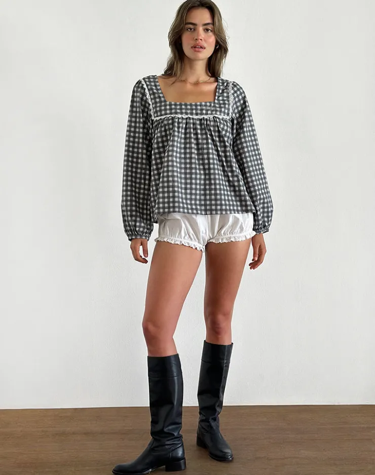 Women Motel Rocks Shirts And Blouses | Printed Tops | Demona Top in Tonal Gingham Black and Grey