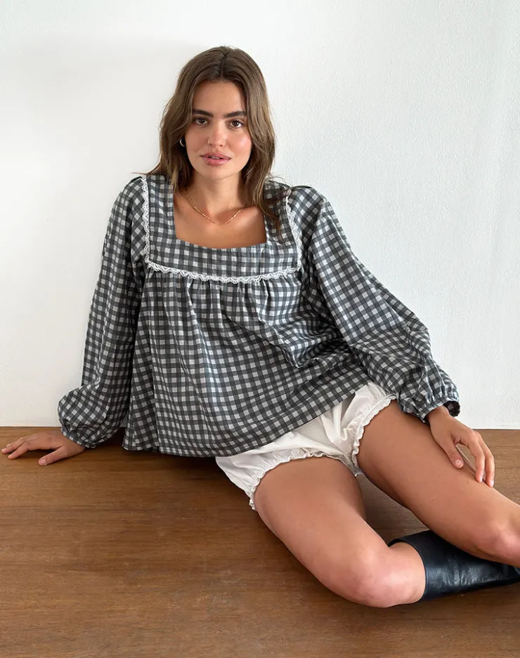 Women Motel Rocks Shirts And Blouses | Printed Tops | Demona Top in Tonal Gingham Black and Grey