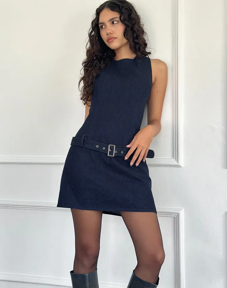 Women Motel Rocks Mini Dresses | Dilshan Belted Mini Dress in Chambray Indigo