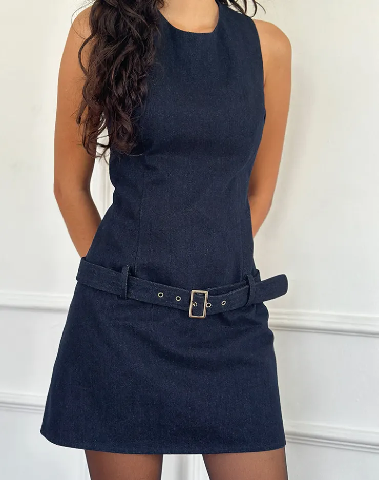 Women Motel Rocks Mini Dresses | Dilshan Belted Mini Dress in Chambray Indigo