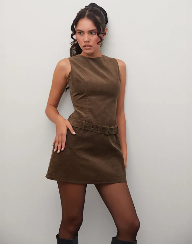 Women Motel Rocks Mini Dresses | Dilshan Mini Dress in Babycord Brown