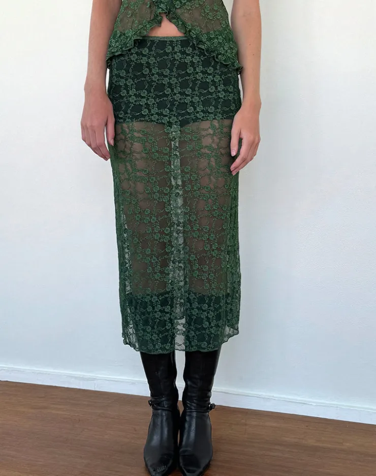 Women Motel Rocks Co-ords | A Line Skirts | Diri Unlined Midi Skirt in Sage Canina Rose Lace