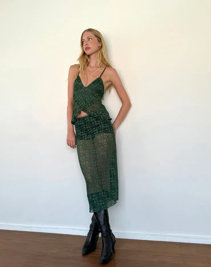 Women Motel Rocks Co-ords | A Line Skirts | Diri Unlined Midi Skirt in Sage Canina Rose Lace