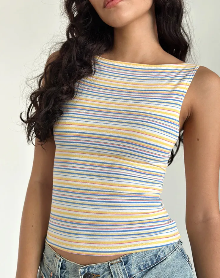 Women Motel Rocks Basic Tops | Strappy Tops | Dudley Vest Top in Blue, White and Yellow Stripe