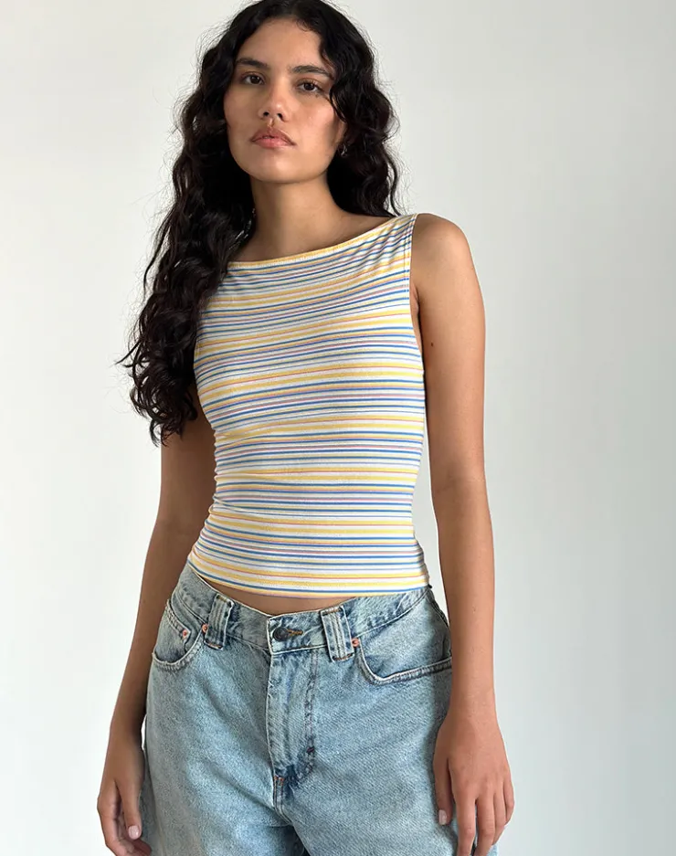 Women Motel Rocks Basic Tops | Strappy Tops | Dudley Vest Top in Blue, White and Yellow Stripe