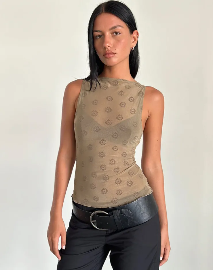 Women Motel Rocks Vest Tops | Printed Tops | Dudley Vest Top in Daisy Flock Light Brown