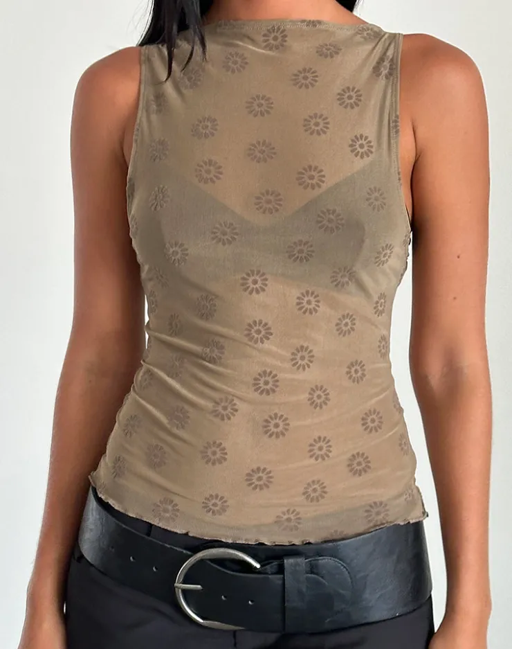 Women Motel Rocks Vest Tops | Printed Tops | Dudley Vest Top in Daisy Flock Light Brown