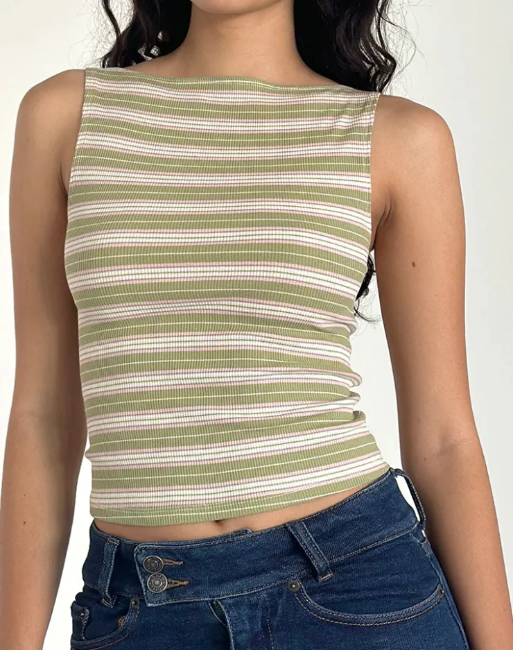 Women Motel Rocks Basic Tops | Strappy Tops | Dudley Vest Top in Green, Pink and White Stripe