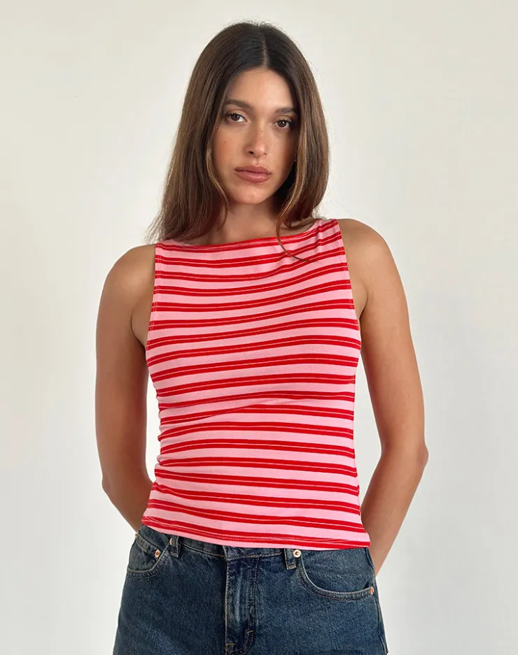 Women Motel Rocks Basic Tops | Strappy Tops | Dudley Vest Top in Pink and Red Stripe