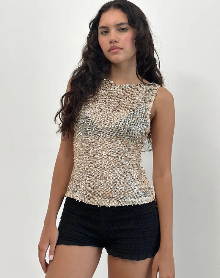 Women Motel Rocks Vest Tops | Going Out Tops | Dudley Vest Top in Sequin Mesh Gold