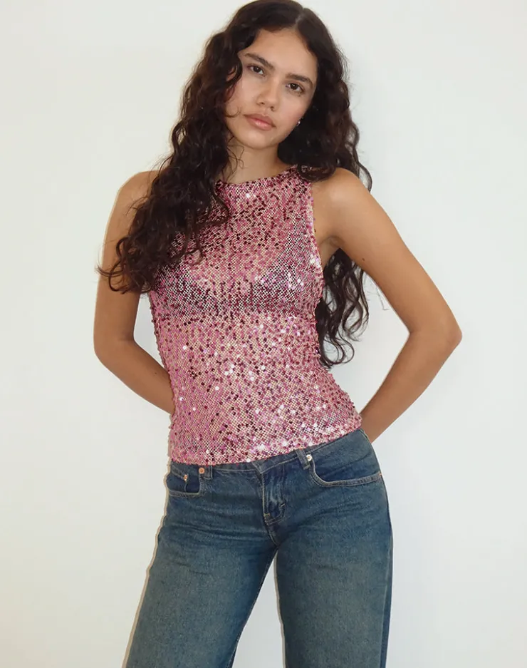 Women Motel Rocks Vest Tops | Sequin Tops | Dudley Vest Top in Sequin Mesh Rose Gold