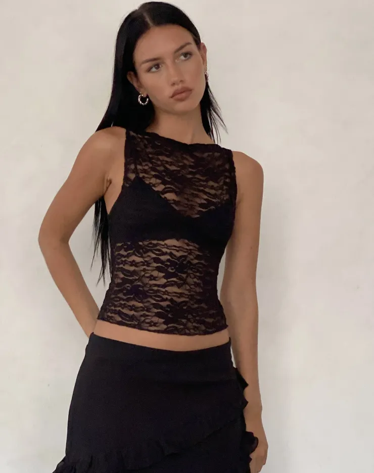 Women Motel Rocks Lace Tops | Going Out Tops | Dwira Lace Vest Top in Black