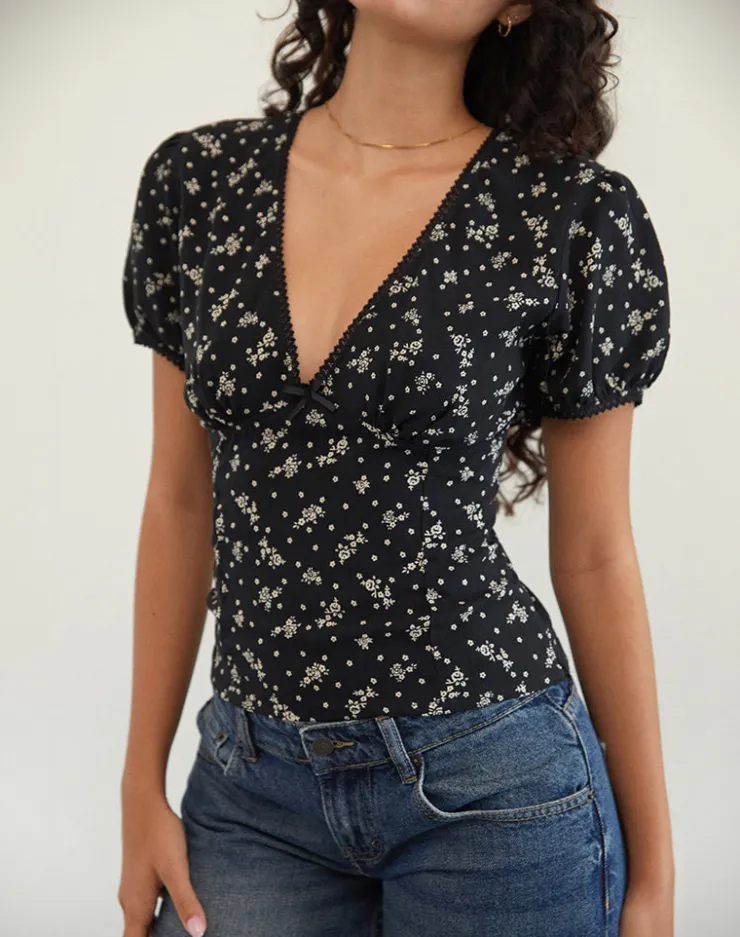 Women Motel Rocks Printed Tops | Elvita Top in Floral Land Black