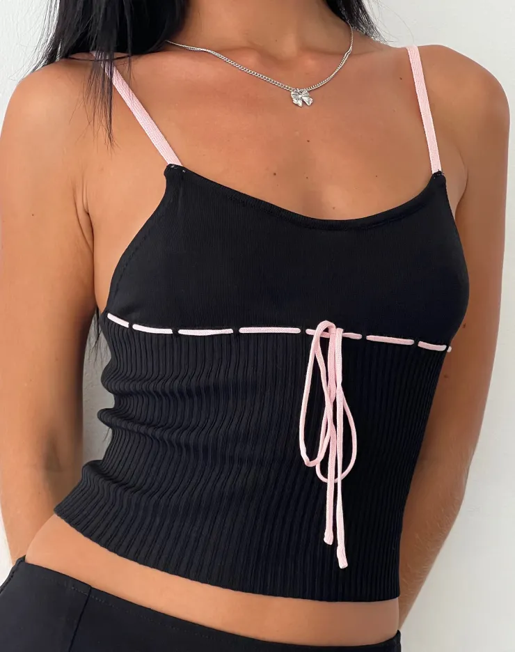 Women Motel Rocks Vest Tops | Strappy Tops | Emonie Cami Top in Black with Pink Binding