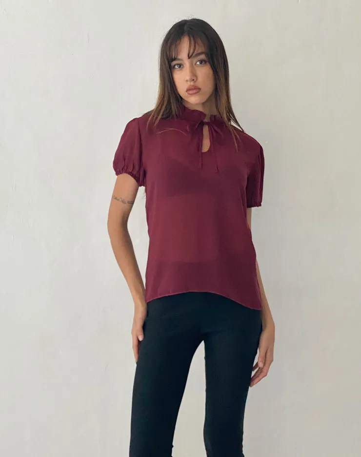 Women Motel Rocks Shirts And Blouses | Enzo High Neck Blouse in Oxblood Chiffon