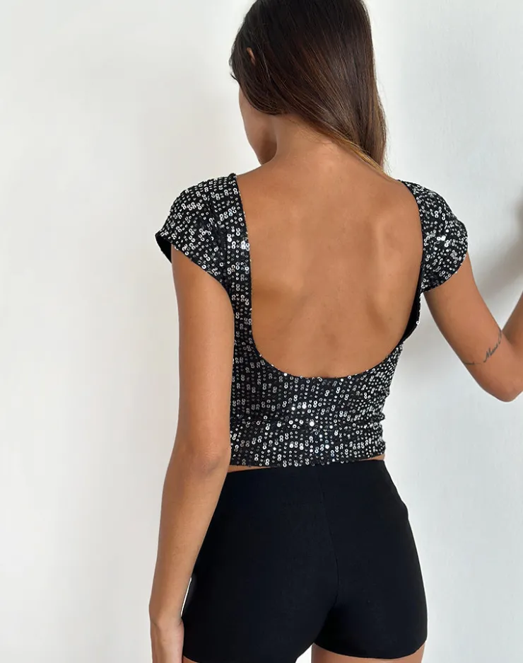 Women Motel Rocks Sequin Tops | Going Out Tops | Erika Backless Top in Black Gauzy Sequin