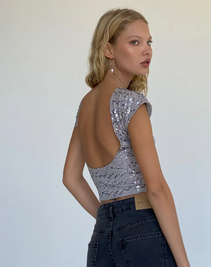 Women Motel Rocks Sequin Tops | Going Out Tops | Erika Backless Top in Silver Sequin