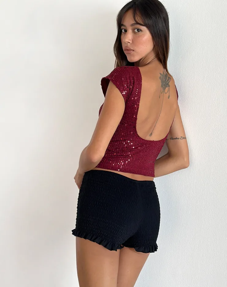 Women Motel Rocks Sequin Tops | Going Out Tops | Erika Low Back Top in Gauzy Sequin Red