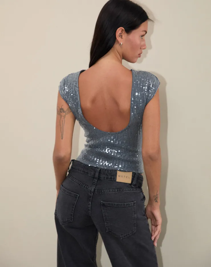 Women Motel Rocks Crop Tops | Sequin Tops | Erika Low Back Top in Shimmer Sequin Charcoal