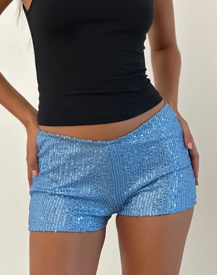 Women Motel Rocks Micro Shorts | Co-ords | Erna Micro Short in Light Blue Mini Sequin