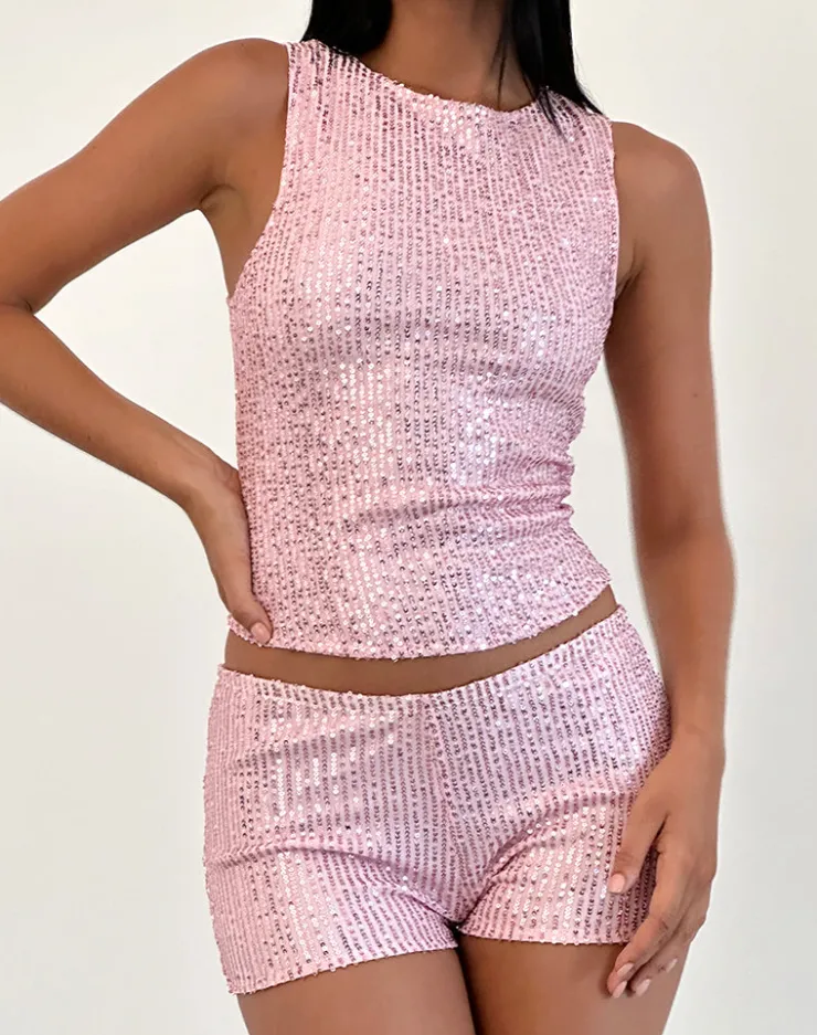 Women Motel Rocks Micro Shorts | Co-ords | Erna Micro Short in Pink Mini Sequin