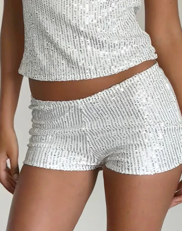 Women Motel Rocks Micro Shorts | Erna Micro Shorts in Silver Chrome Sequin