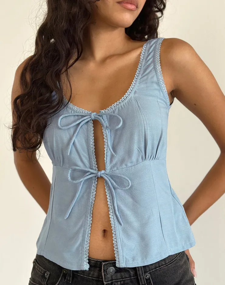 Women Motel Rocks Basic Tops | Vest Tops | Esau Tie Front Top in Private Slub Nantucket Blue