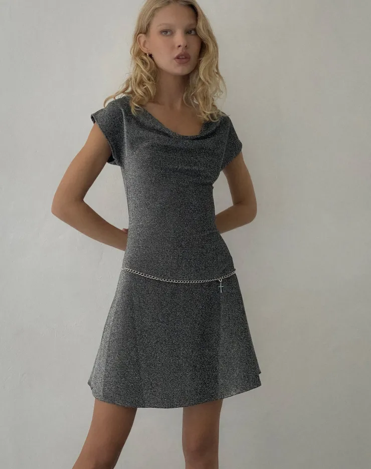 Women Motel Rocks Party Dresses | Mini Dresses | Estrella Cowl Neck Mini Dress in Black Shimmer