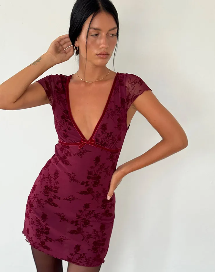 Women Motel Rocks Day Dresses | Bodycon Dresses | Evilia Dress in Botanical Flower Maroon