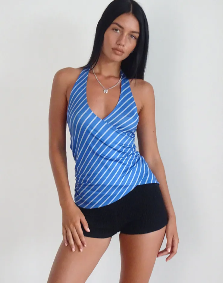 Women Motel Rocks Halterneck Tops | Printed Tops | Fayez Slinky Top in Blue Diagonal Stripe