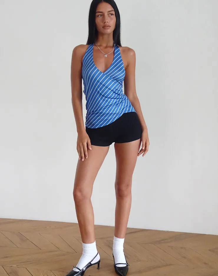 Women Motel Rocks Halterneck Tops | Printed Tops | Fayez Slinky Top in Blue Diagonal Stripe