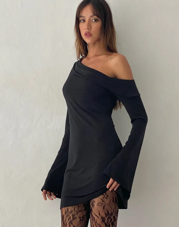 Women Motel Rocks Long Sleeve Dresses | Little Black Dresses | Fliss Asymmetric Mini Dress in Slinky Black