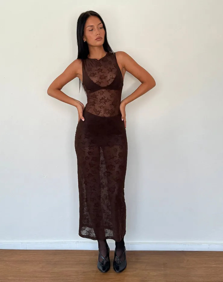 Women Motel Rocks Printed Dresses | Bodycon Dresses | Florian Romantic Rose Midi Dress in Flock Brown